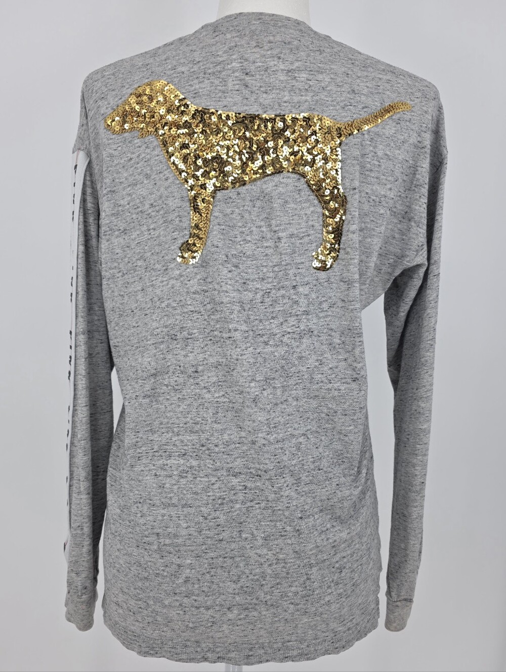 Victoria's Secret PINK XS Gray Gold Sequin Dog Logo Long Sleeve Shirt